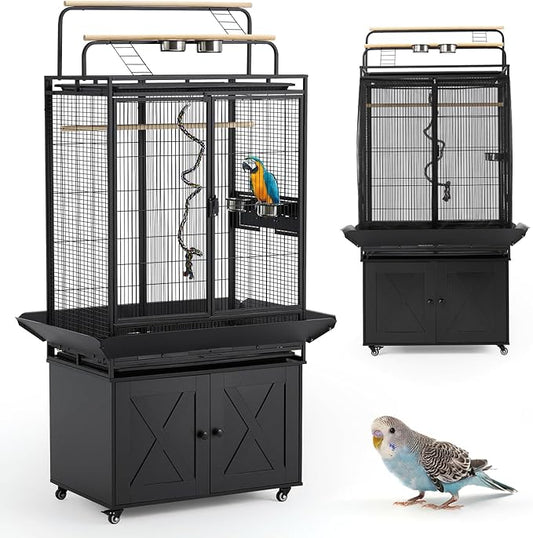 AVAWING 70-Inch Bird Cage with Play Top & Storage Cabinet, Tall Big Bird Flight Cage with Pull-Out Tray, Feeders, Cover, Stand, Rope, Metal Bird Aviary for Macaw Parakeet Cockatiel Budgie, Black
