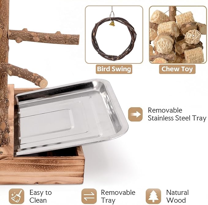 Natural Wood Bird Perch Stand, Multi-Layer Parrot Playground Gym with Feeding Cups and Toys, Real Branch Activity Center for Cockatiels, Parakeets, Conures, Budgies, Tabletop and Cage Top Use
