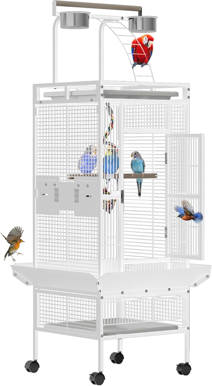 Spacious 60 Inch Wrought Iron Bird Cage with Rolling Stand – Playtop Design, 4 Stainless Steel Bowls, Slide-Out Tray – Parrot Cage for Cockatiel, Conure, Budgie, Lovebird, Canary – White