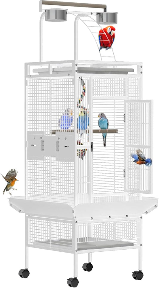 60 Inch Wrought Iron Large Bird Cage with Rolling Stand, Metal Parrot Cage with Play Top & 4 Stainless Steel Bowls for African Grey Cockatiel Sun Parakeet Green Cheek Conure Lovebird Budgie, White