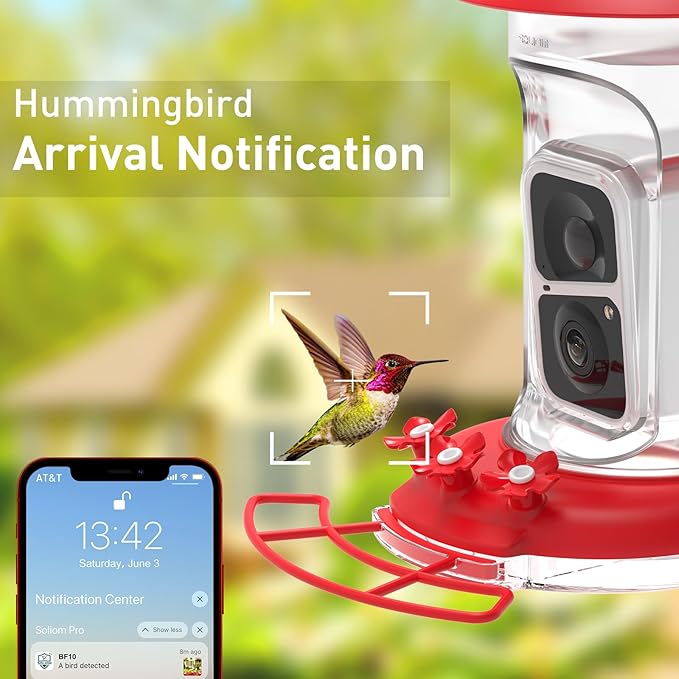 Soliom Hummingbird Feeder with Camera, Smart Feeder Camera with 2K Live View AI Identify, Leak Proof&Ant Moat&Bee Proof, Outdoor Pole/Hook Hanging, Ideal Gift for Family, 16 OZ with Solar Panel Red ﻿
