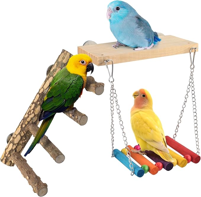 DBNESS 3in1 Bird Perch Toys for Parrots, Wooden Ladder Perch for Cage, Parrot Platform Stand Colourful Swing Hammock Climbing Bridge Exercise Cage Accessories for Budgies Cockatiels Lovebirds Hamster