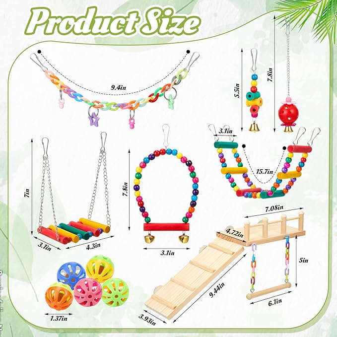 12 Pcs Parakeet Cockatiel Bird Toys, Parrot Swing Chewing Hanging Toys, Colorful Style Parrots Cage Accessories, Interactive Chew & Climb Play Set (Basic Style)
