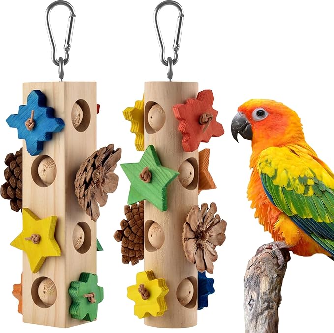 DBNESS Bird Toys for Parrot, 2 Pcs Hanging Colorful Wood Blocks Pine Cones Parakeet Chew Foraging Toy for Beak-Grinding, Cage Accessories for Small to Medium Budgies, Cockatiels, Caiques, Conures