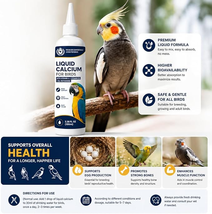 Liquid Calcium for Birds, Calcium Drops with Vitamin D3 for Parrots, Cockatiels & Budgies, Bird Calcium Supplement for Strong Bones, Healthy Feathers & Daily Nutrition, 3.38 FL OZ