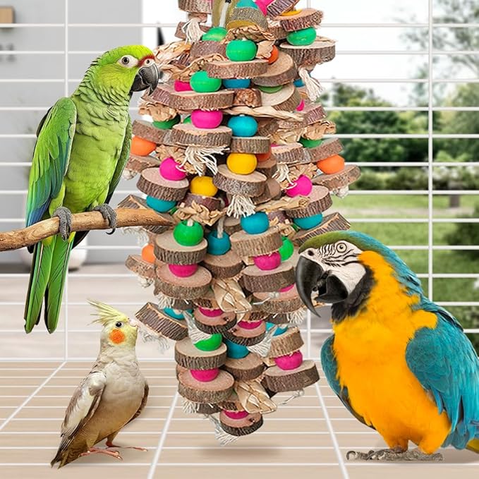 Large Bird Toys for Parrots Toys Natural Colored Wooden Bird Cages Chew Accessories for Macaws, Cockatoos, African Grey, and Amazon Parrots