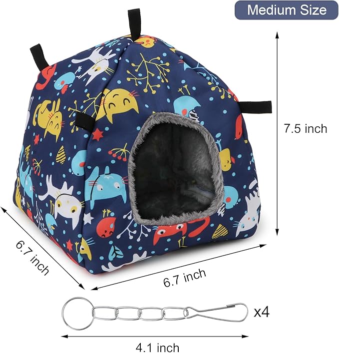 Wontee Bird Plush Hammock Parrot Hanging Snuggle Cave Happy Hut Tent for Parakeet Cockatiel Conure Lovebird Budgie Hamster Gerbil Rat Chinchilla Squirrel Cage (M, Blue Cat)