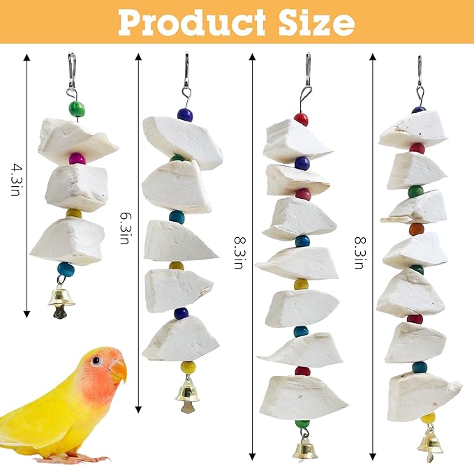 BNOSDM Bird Toys with Cuttlebone 4 Pack Hanging Cuttle Bone Chew Toys Natural Bird Beak Grinding Stone Parakeet Calcium Toys Bird Cage Accessories for Budgies Cockatiels Lovebirds Conures Parrots (7)