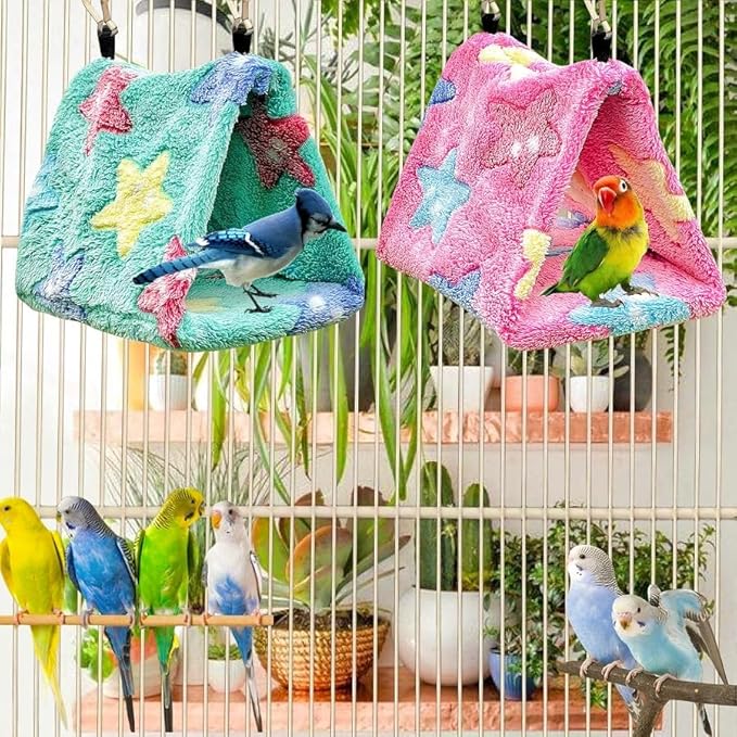 2 Pack Warm Bird Nest Plush Snuggle Bird Hammock Hanging Bird Cave Parrot Sleeping Bed Shed Hut Hanging Tent for Budgies Finch Parakeet Cockatiel Cockatoo Lovebird-Star Pattern (Pink&Green)