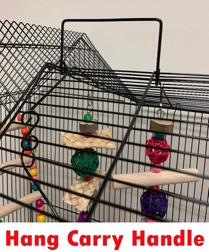 37-inch Portable Hanging Medium Flight Bird Cage for Cockatiel Sun Quaker Parakeet Green Cheek Conure Parrotlet Finch Canary Budgie Lovebird Small Parrot Travel Bird Cage (Black, with Toy)