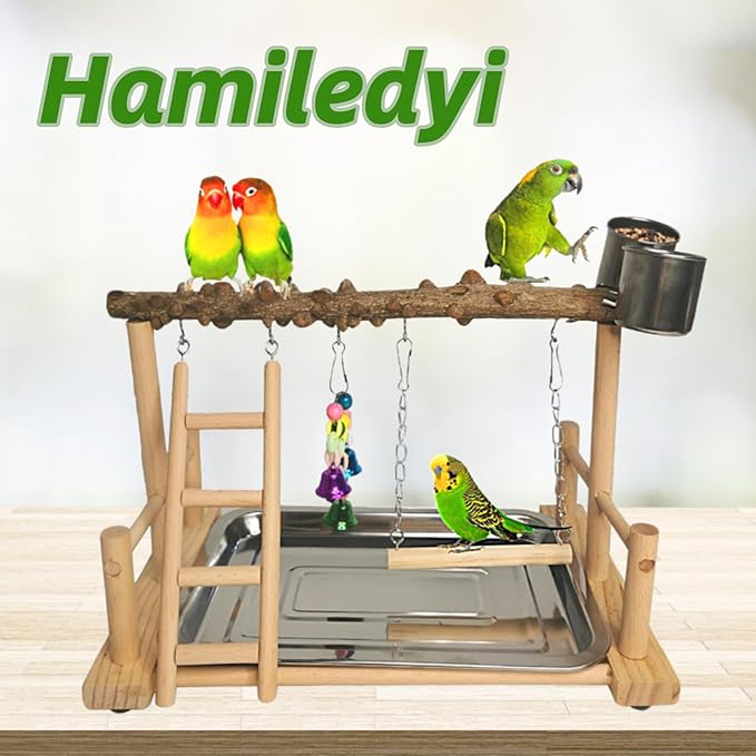 Hamiledyi Parrot Playground Bird Playstand Wood Exercise Play Perch Exercise Gym with Feeder Cups Toys Cockatiel with Ladder Hanging Swing for Pet Conure Lovebirds Life Activity Center Training Stand