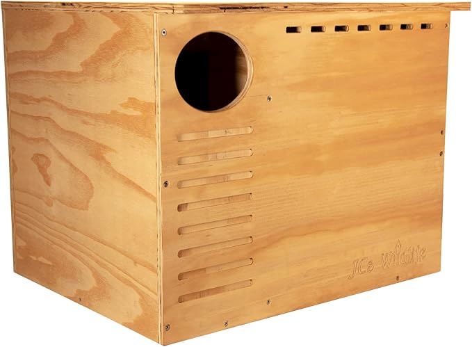 JCS Wildlife Barn Owl Nesting Box Large Owl House Crafted in USA - Exterior Grade Treated Plywood - Mounting Hardware and Pine Shavings Included - Dedicated Clean Out Door for Easy Cleaning