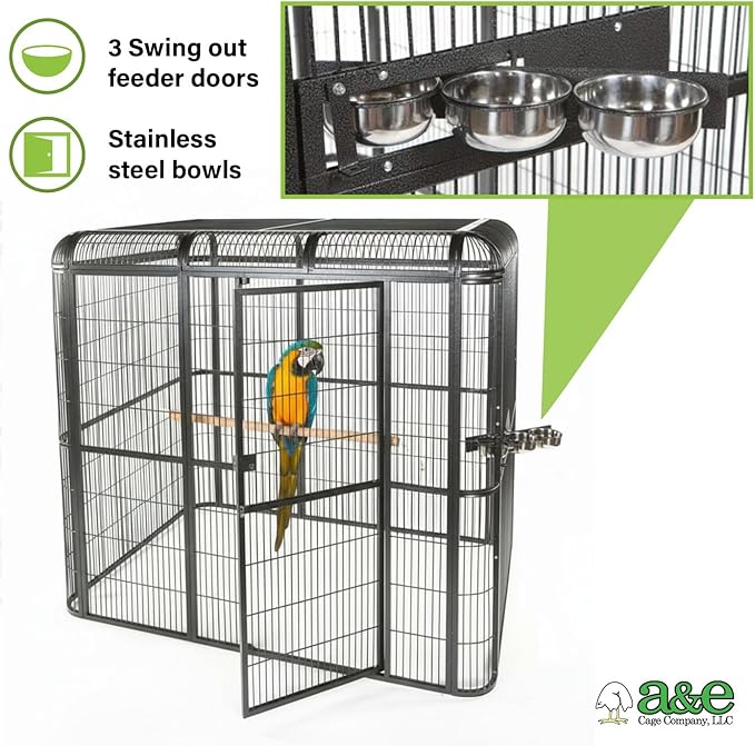 A&E Cage Co WI8662 Black Walk-in Bird Aviary – 86" x 62" x 79" Large Parrot Cage with Front Door – Includes 3 Feeder Doors, Stainless Steel Bowls & Durable Powder Coated Finish