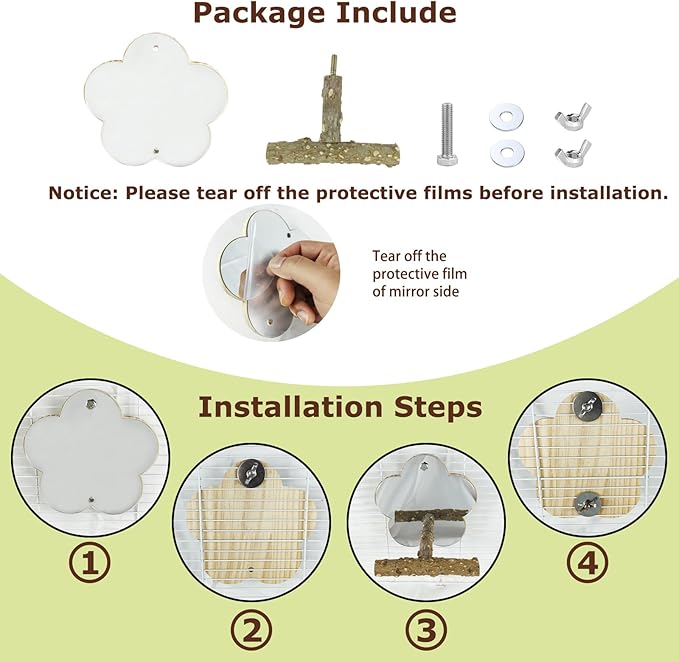 Bird Mirror with Perch Stand InteractiveToys Cage Accessories for Pet Parrot Budgies Cockatiels Conure Lovebird Finch Canaries and Other Small Birds (Flower Shape)