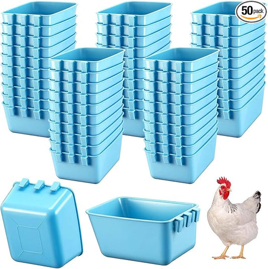 Maxdot 50 Pcs Cage Cups Chicken Feeder Cups 16 oz Hanging Bird Food Water Bowl Bunny Cage Feeding Dish for Pet Parrot Rooster Parakeet Gamefowl Poultry Pigeon (Sky Blue)