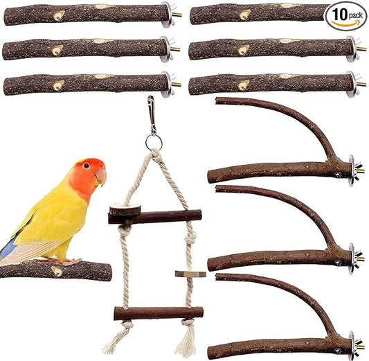 EBaokuup Bird Parrot Perch Set - 10PCS Natural Wood Parakeet Stand, Fork, Rod, Paw Grinding Stick for Budgies, Cockatiels, Conure, Lovebirds