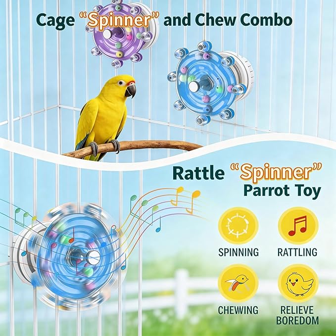 2 Pcs Bird Toys for Parakeets, Colorful Parakeet Toys with Spinning Wheel and Interactive Rattle, Chew Exercise Toys for Cage, Entertainment for Parakeets and Cockatiels