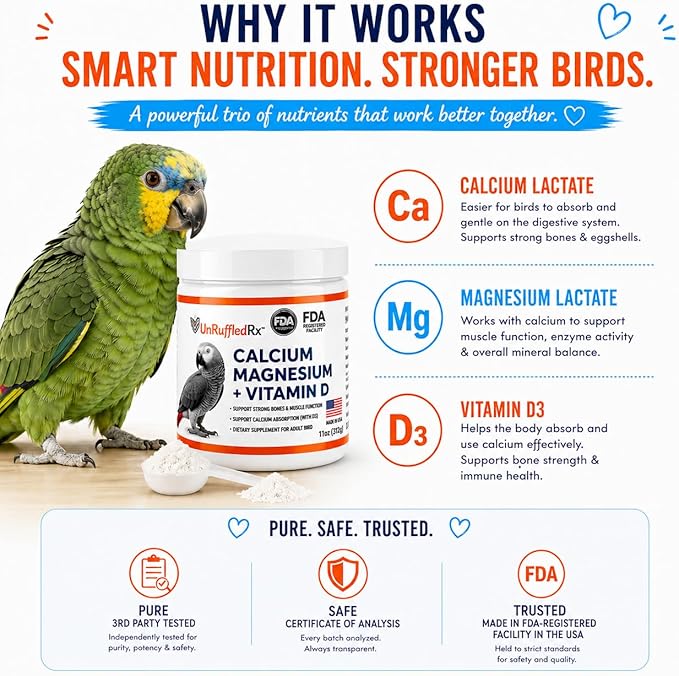 UnRuffledRx™ Bird Calcium Plus with Magnesium and D3, Dissolves Clear and Tasteless in Water, Supports Bone, Muscle, Feather and Egg Health, 45 Servings, Made in FDA-Registered USA Facility