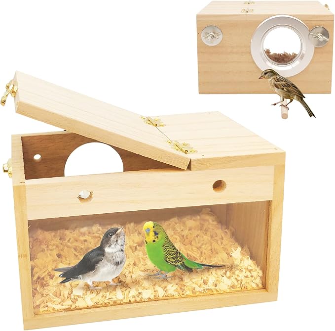 BNOSDM Parakeet Nesting Box Transparent Bird Nest Breeding Box with Perch Wood Bird House for Cage Cockatiel Budgie Lovebirds Conure Finch Parrot Small to Medium Birds (S)