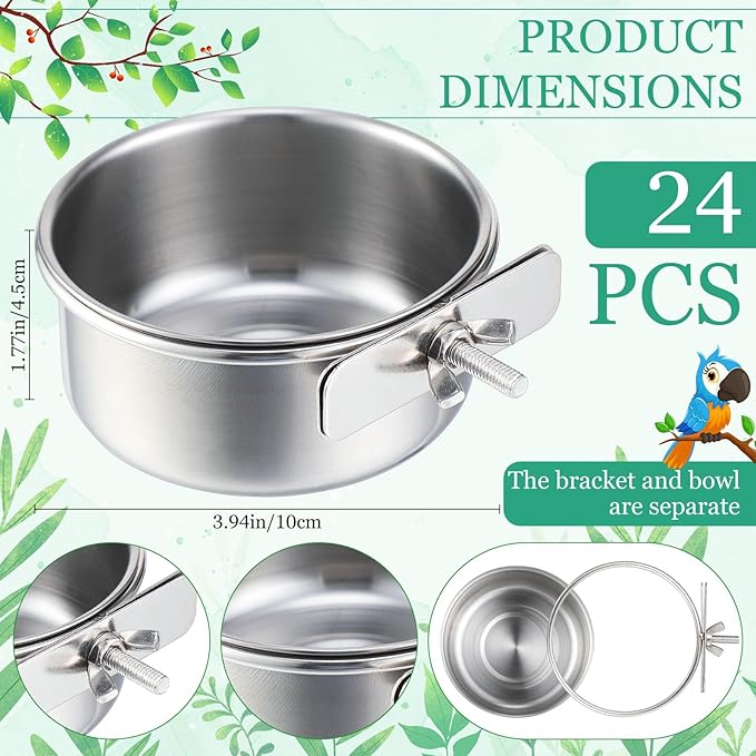 Ziliny 24 Pcs Stainless Steel Parrot Food Bowls Bulk 10 oz Bird Feeding Dish Cups for Cages Bird Bowls with Clamp Pet Water Feeders Cage Accessories for Parakeet Parrot Budgie Rabbit Chicken