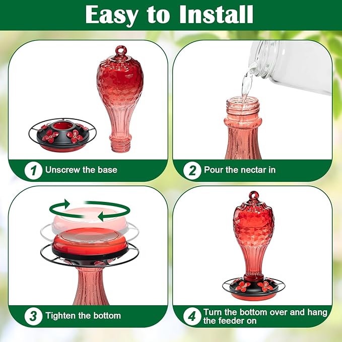 20 oz Hand-Blown Glass Hummingbird Feeder, Hanging Hot Air Balloon Design, Leak-Proof Silicone Seal, Ant-Proof, Outdoor Garden Decor Gift for Mom, Red