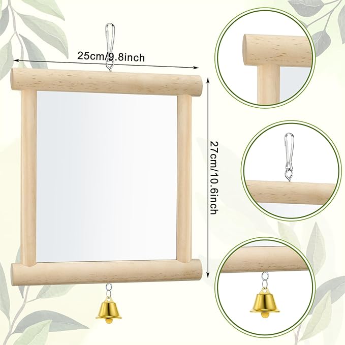 Sadnyy Extra Large Chicken Mirror Toys Hanging Swing Double Side Mirror with Bell Wooden Pecking Toy for Hens Birds Parrots Coop Roosters Enrichment Toy for Poultry(Square, Wood, 1pcs)