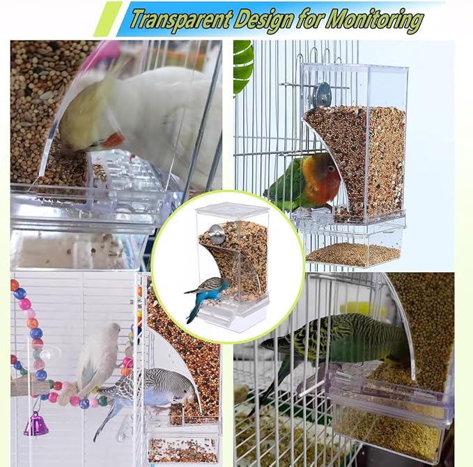 No Mess Bird Water Feeder Dispenser Automatic Hanging Bird Feeder for Cage, Parakeet Cage Accessories, Parrot Cockatiel Seed Food Container Drinker for Squirrel Finch Lovebirds Budgies Canary (Set)