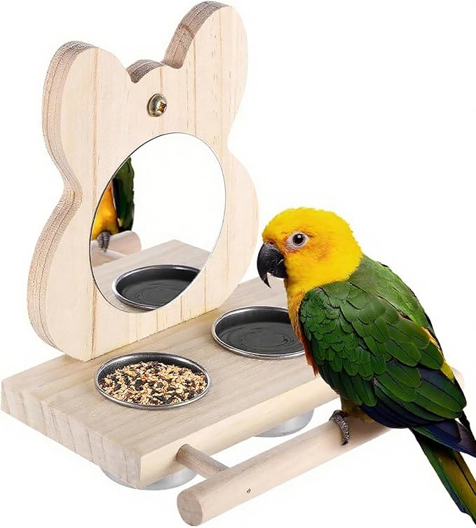 Bird Feeder with Stainless Steel Dish, Natural Wood Perches & Mirror - Easy Clean/Refill for Cockatiels, Lovebirds, Canaries, Finches, Budgies & Small/Medium Birds - Parrot Cage Accessories