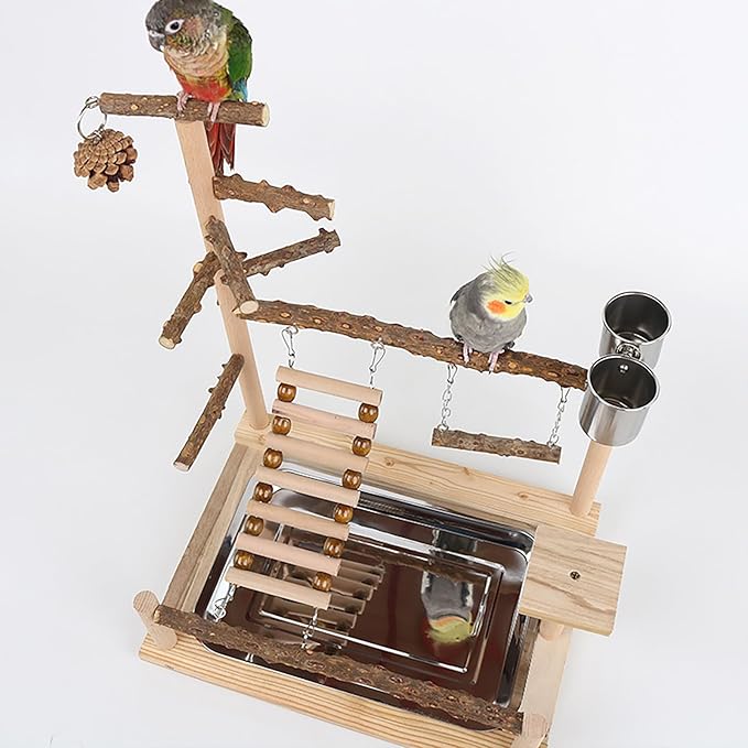 RoseFlower Bird Playground, Parrots Wooden Playstand, Birdcage Playground Play Gym Parakeet Playpen Ladder with Feeder Cup and Tray, Bird Toys Swing Exercise Toy