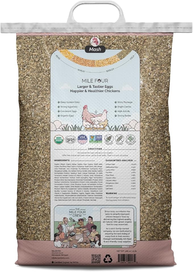 Mile Four Organic Chicken Feed (46 lbs) Layer Mash, Non-GMO, USA Grown, 16% Protein, Corn-Free, Soy-Free, Non-Medicated Feed for Chickens