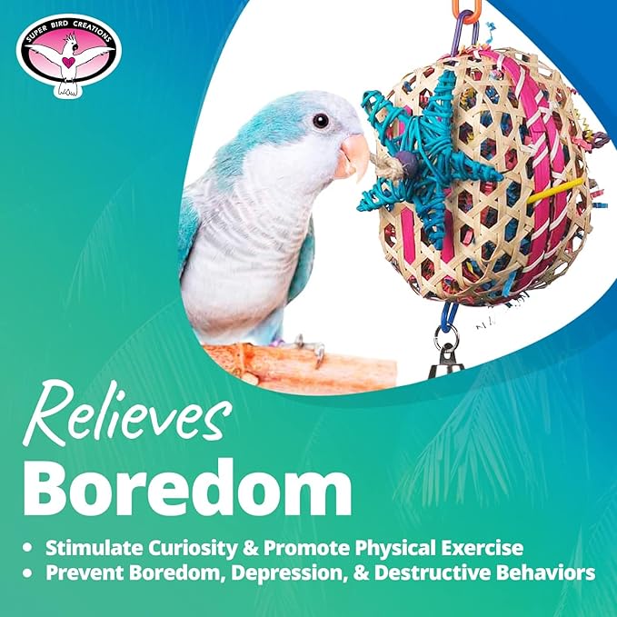 Super Bird Creations SB573 Basket Case Bird Toy - Ringnecks, Cockatiels, Parakeets, Parrots - Foraging Bird Toy with Colorful Paper Shred, Vine Stars, & Wooden Beads - for Medium Bird Size - 10" x 4"