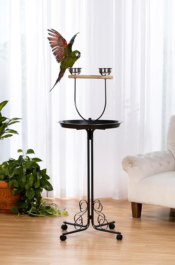 Prevue Pet Products Parrot Play Stand with Wheels - Rolling Bird Perch Center with Food & Water Bowls, Indoor & Outdoor Stand for Birds with Wheels, Enrichment Accessories - Black