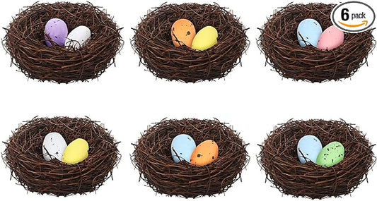 PETKNOWS Easter Artificial Bird Nest with Eggs for Crafts, 6Pcs Artificial Rattan Birds Nest with 12Pcs Foam Easter Eggs Small Faux Bird Nest Decor for Spring Tree Ornaments Garden Yard Home Decor