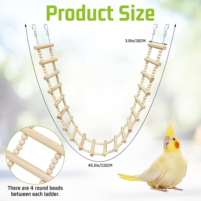BNOSDM Long Bird Ladder Bridge 45.3 in Wooden Parakeet Climbing & Swing Toys Bird Cage Accessories for Budgies, Cockatiels, Conures, Lovebirds, Canaries (20-Steps)