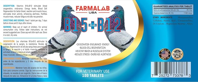 B15 B12 para Palomas Pigeon Vitamin Supplement, 100 Tablets, Energy and Endurance Formula Farmalab