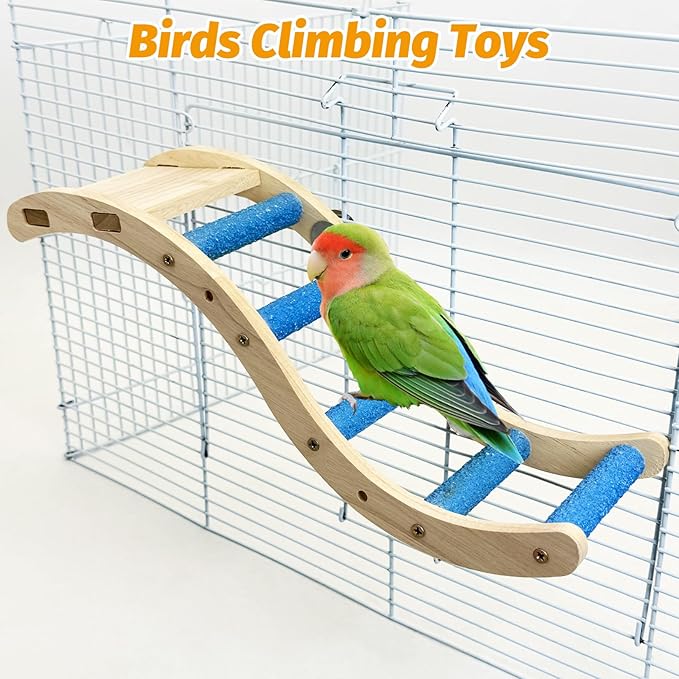 Nature Wooden Bird Ladder Pet Parrots Climb Bridge Exercise Stands for Parakeet Climbing Chewing Bridge Bird Cage Accessories for Cockatiel Parakeet Lovebirds Budgie (Blue)
