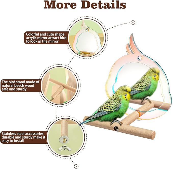 Bird Mirror with Perch Stand Interactive Toys Cages Accessories for Pet Parrot Parakeets Budgies Cockatiels Conures Lovebird Finch Canaries and Other Small Birds