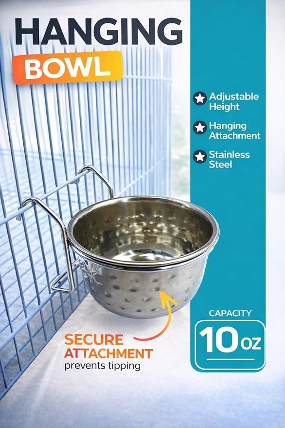 Stainless Steel Coop Cup with Hanger, None Spill Crate Water Bowl, Food Dish for Cage, Rabbit, Cats, Birds, Chicken, Reptiles. (10)