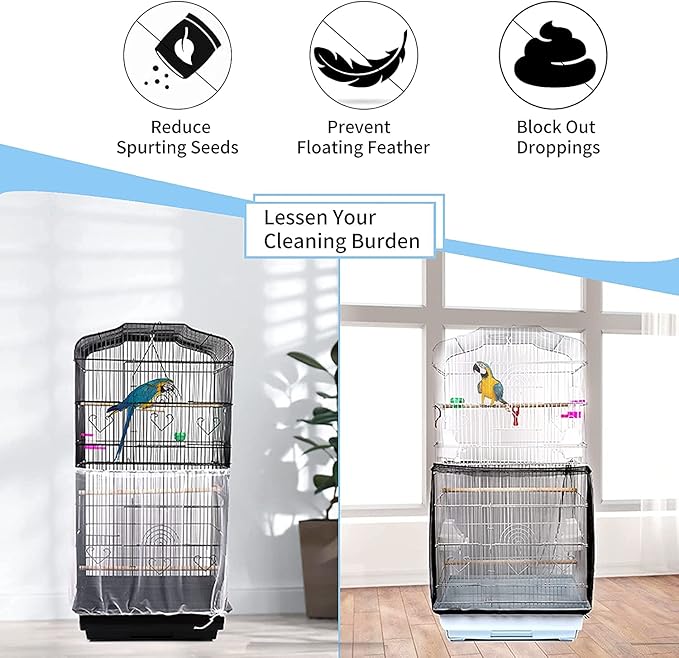 Universal Bird Cage Seed Catcher,Seed Catcher Guard Net Cover,Parrot Nylon Mesh Net Cover,Soft Airy Cage Net Stretchy Skirt for Round Square Cages (Circumference 74 inch to 118 inch，White)