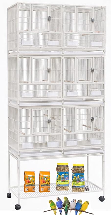 Triple Combo Stacker Sturdy Wrought Iron Center Divided Breeder Side Breeding Doors Bird Flight Double Rolling Cage for Aviaries Canaries Cockatiels Lovebirds Finches Budgies Small Parrots