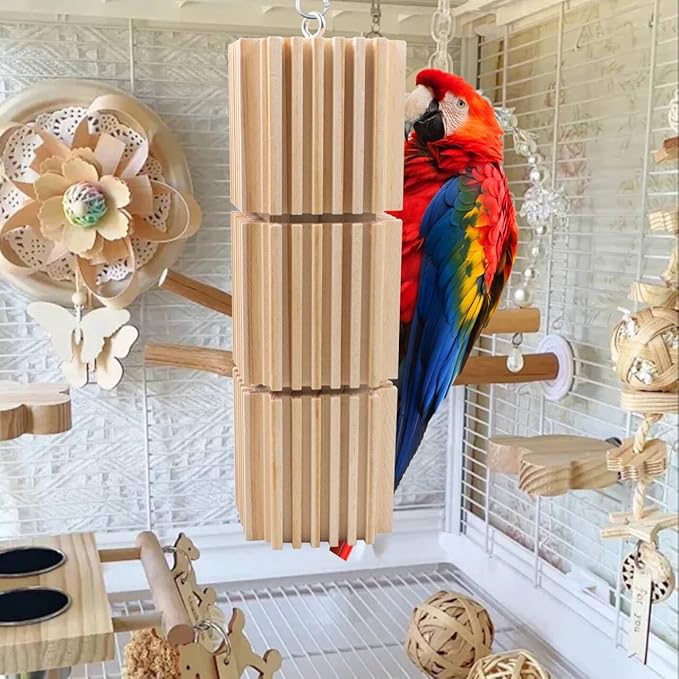 Large Parrot Chew Toys, Bird Wooden Block Chewing Toy, Hanging Bird Foraging Toy Beak Grinding Blocks for African Grey, Amazon Parrots, Macaws Cockatoo, and Large Birds