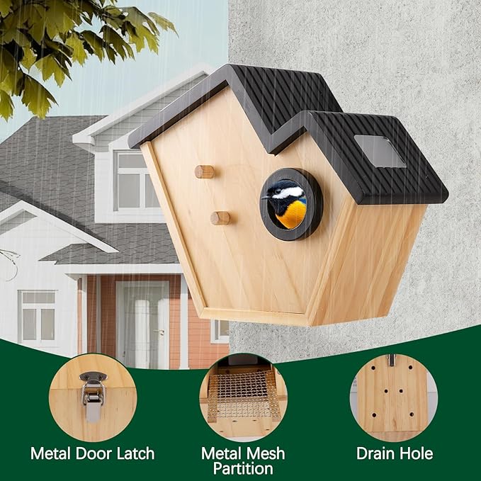 Smart Bird House with Camera Solar Powered,2K HD Birdhouse with Camera Inside,Watch Bluebirds Nesting&Hatching in Real Time,2.4G WiFi & App Notification,Video/Photo Recording,Motion Detection