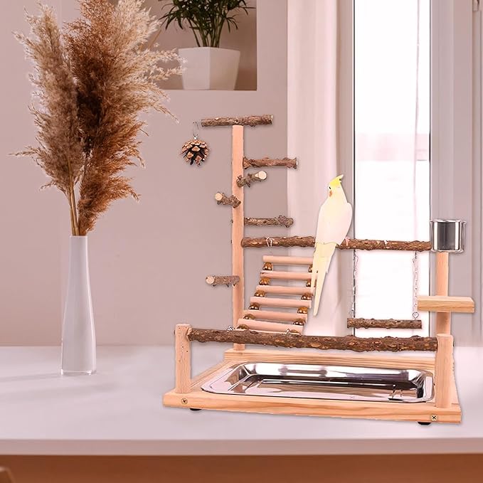 Bird Playground Parrot Playstand, Parrot Stand,Bird Wood Tall Standing Block,Game Table with Feeder… (G-500)