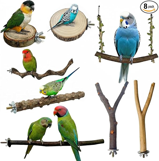 8PCS Natural Bird Perches for Cage, Parakeet Perches Set, Birds Toys, Natural Wood Perch for Small Birds Cages, Bird Cage Accessories, Parrot Stand for Cockatiels,Conure,Lovebird, Budgie Toys