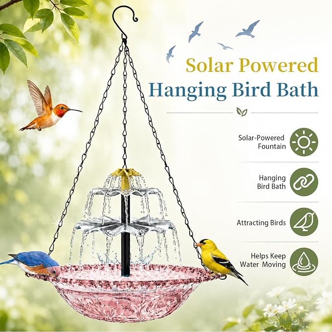 Solar Cascade Hanging Bird Bath Fountain, Large Plastic Bowl with Hanging Chain for Outside Garden Patio and Yard Decor (Pink)