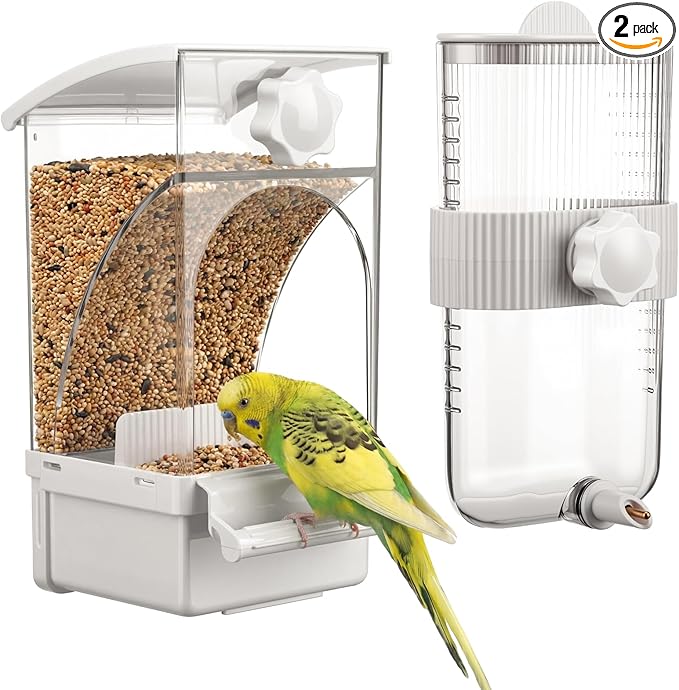 Novabright No Mess Bird Feeder Water Dispenser Set, Automatic Transparent Bird Food Container and 12 oz Automatic Water Feeder for Small Birds Parrot, Cockatoo, Canary, Cage, Lovebird, Budgies(White)