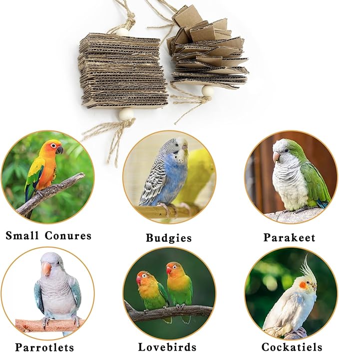 LWINGFLYER 4 Pack Small Parrot Chew Toys Natural Cardboard Paper Hanging Bird Shredding Toy for Budgies Conures Cockatiel Parakeet Lovebirds Canary