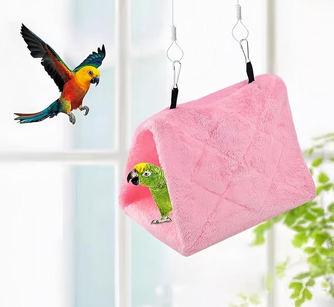 2 Pack Warm Bird Nest House Bed Hanging Hammock Sleeping Bed Plush Hanging Snuggle Cave Happy Hut for Pet Parrot Cockatiel Cockatoo Parakeet Conure African Grey Macaw (Blue&Pink)