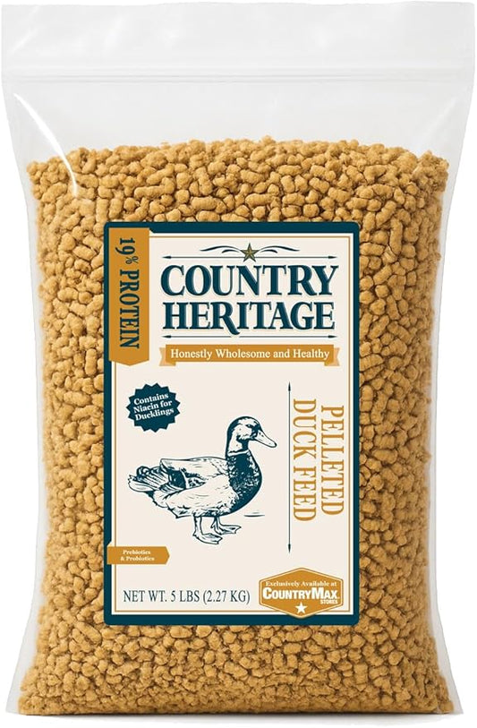 Country Heritage Duck Feed – Pellets for All Life Stages (19% Protein with Prebiotics & Probiotics, Do Not Float) (5 Pounds)