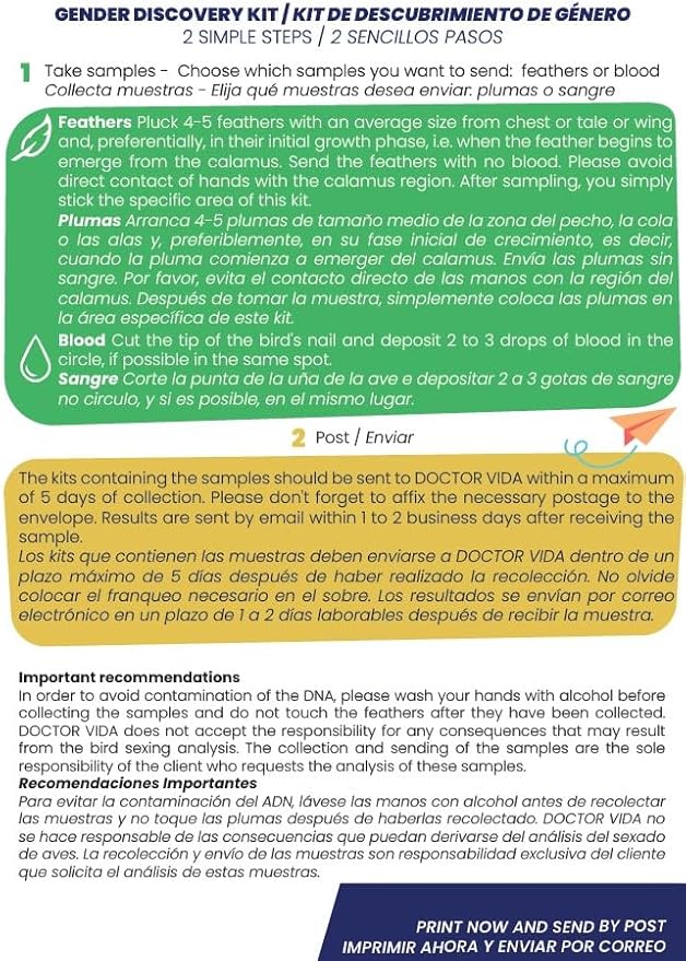 Bird Sexing DNA. Gender Reveal Test for Parrots, Lovebirds, Cockatoos, African Grey,Macaw, Cockatiels, Parakeets, Eagles, Owls + 1000 Species. Avian Sexing DNA Testing. Sample Collection Kit included